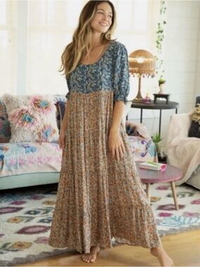 NATURAL LIFE Blue and Multi Colored Floral Tiered Maxi Dress